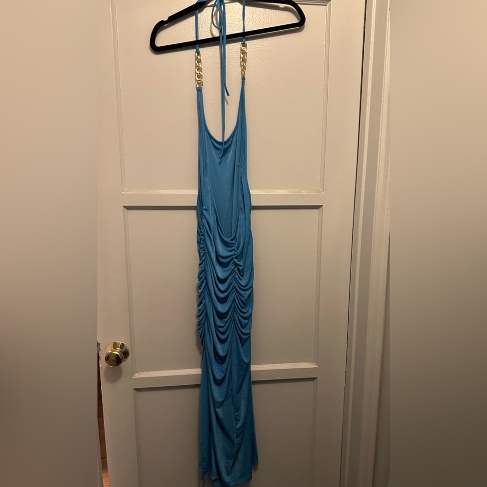 SHEIN Blue Ruched Halter Sundress